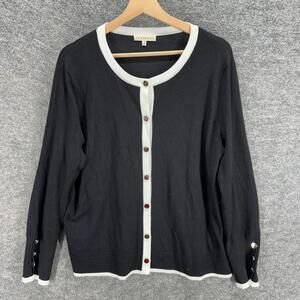 Retrology Cardigan Women 1X Plus Black Button Long Sleeve Rayon Round Neck